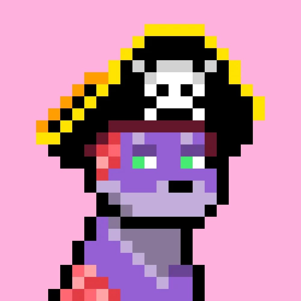 ScarlettMetaX official pixel portrait — @scarlettmetax Pixel portrait used by ScarlettMetaX (@scarlettmetax): a purple-faced character in a pirate hat with a skull on a pink background